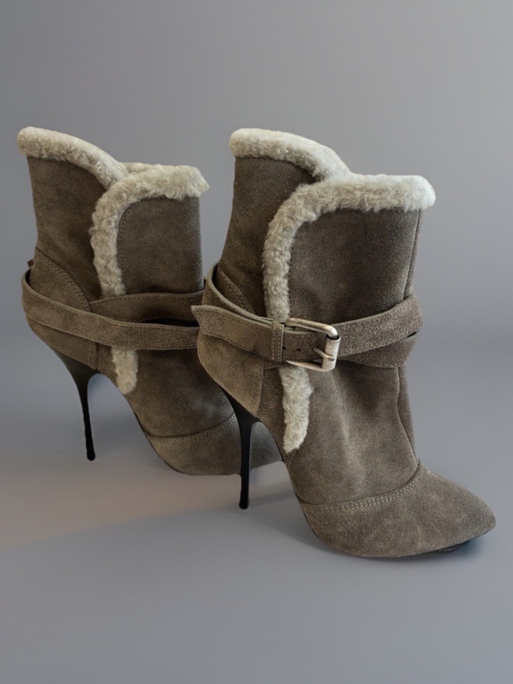 GIUSEPPE ZANOTTI | Gray Suede Ankle Stiletto Heel Booties 36.5 w/ Shearling Trim
